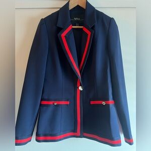 NISSA Classic Women’s Blazer Suit Jacket Navy Blue Red Tipped Gold Button Size 8